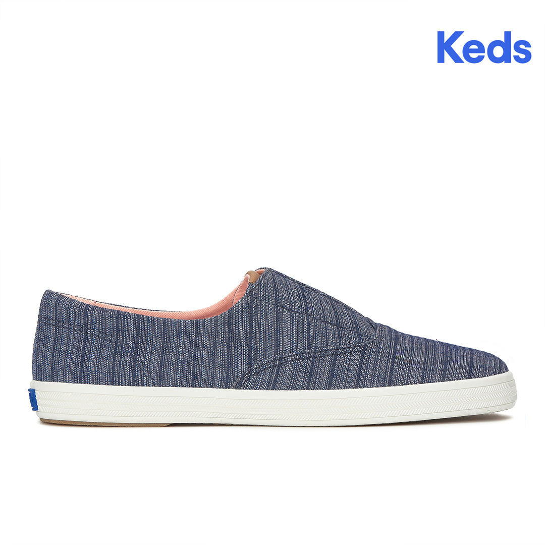 Women's Keds Champion Round Toe Slip Stripe Chambray Blue Sneaker — Easygoing