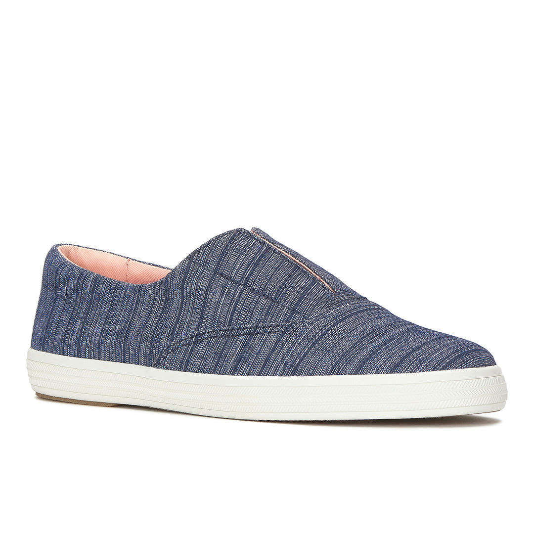 Women's Keds Champion Round Toe Slip Stripe Chambray Blue Sneaker — Easygoing