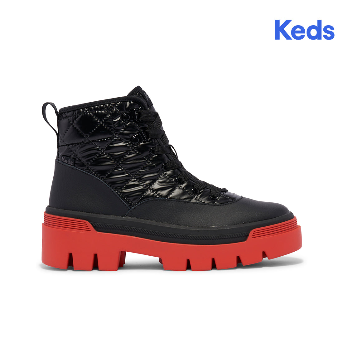 Keds Womens' Soho Boot Quilted Nylon Pop Outsole Black/Red — Weather-Ready