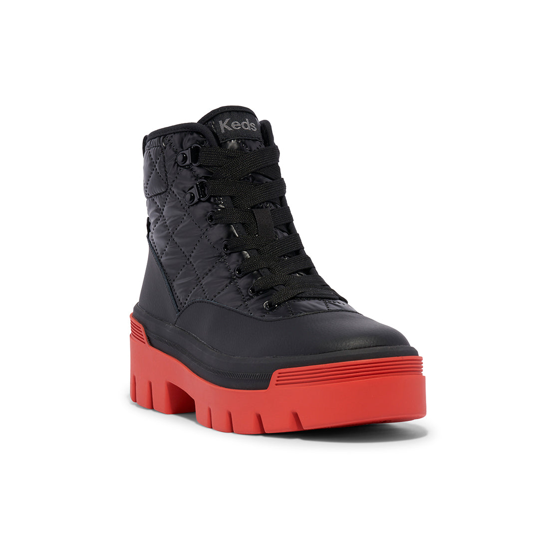 Keds Womens' Soho Boot Quilted Nylon Pop Outsole Black/Red — Weather-Ready