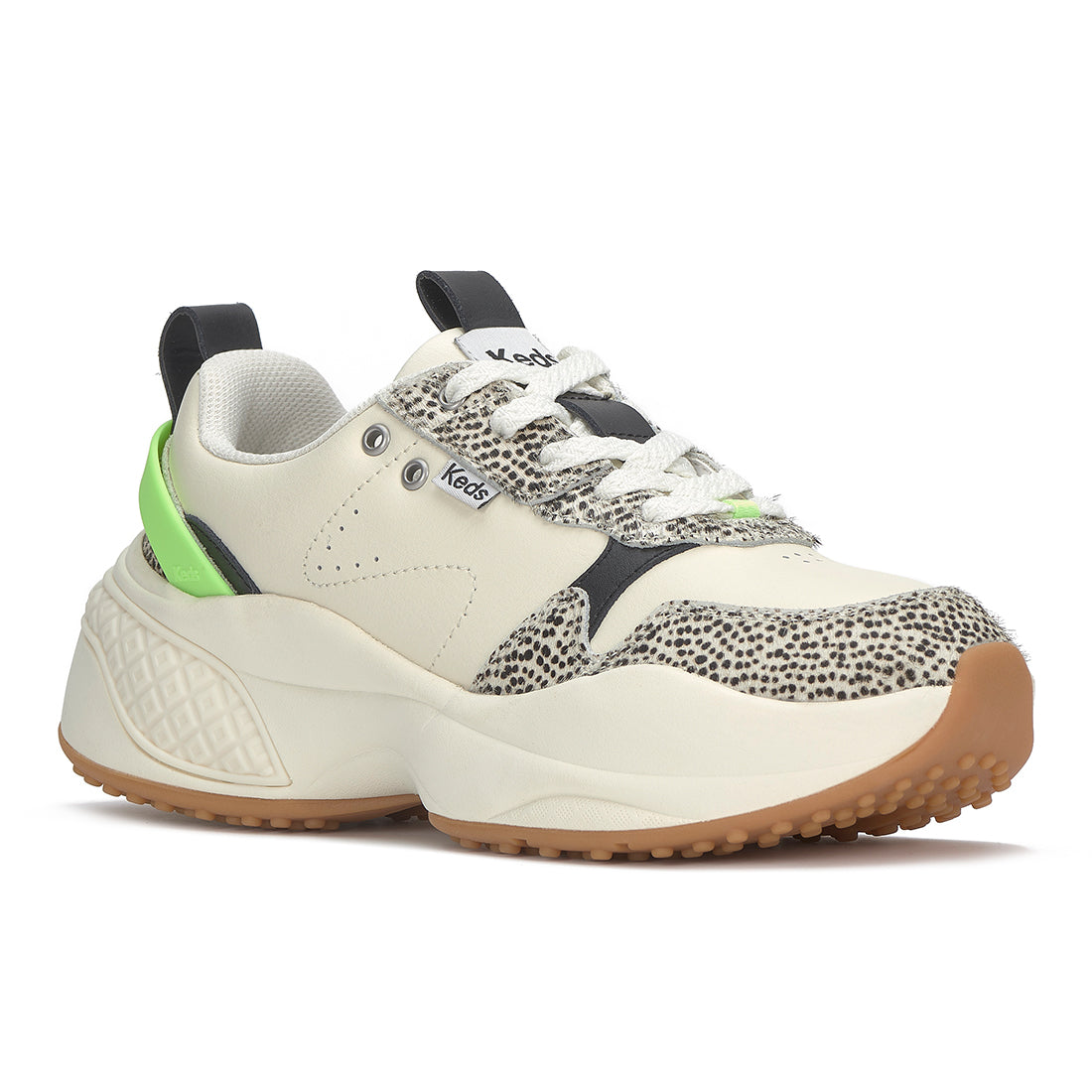 Women's Cross City Trainer Leather Sneaker Egret/Black/Lime — Polished