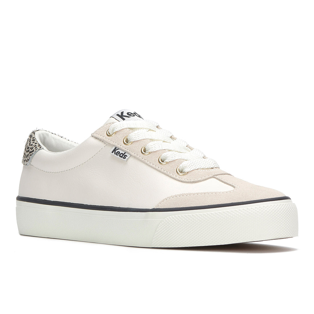Women's Jump Kick T-Toe Leather/Suede Hair Calf Heel Sneaker Snow White/Cream/Black — Polished